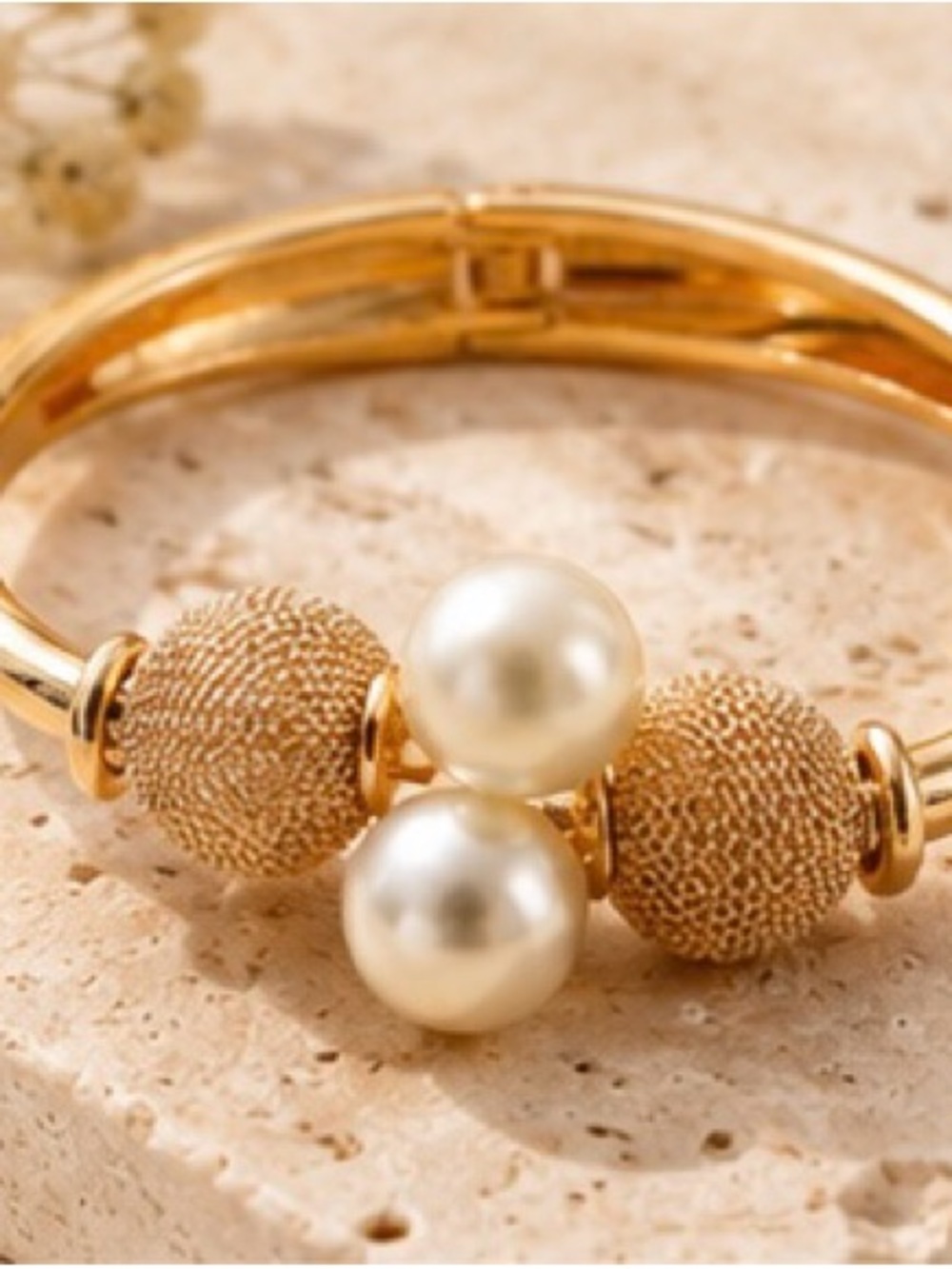Gold-Tone Pearl Accent Hinged Bangle Bracelet